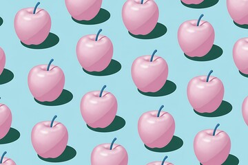 Seamless pattern of pink apples with shadows on blue background