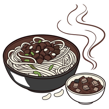 Delicious bowl of zha jiang mian with steam