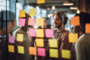 Group of young professionals collaborating during brainstorming session, using colorful sticky notes on glass wall in modern office.