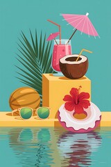 Tropical summer pool party illustration with cocktail coconut and sunglasses