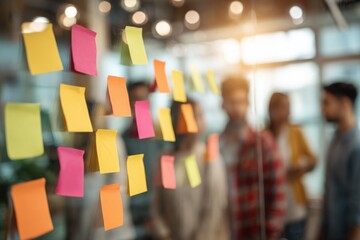 Group of young professionals collaborating during brainstorming session, using colorful sticky notes on glass wall in modern office.