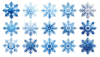 Assorted blue snowflakes isolated against a stark black backdrop