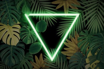 Neon frame with tropical leaves