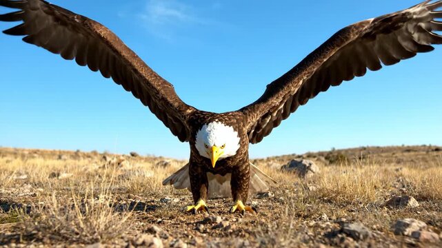A majestic bald eagle with wings spread wide stands on dry ground under a clear blue sky.