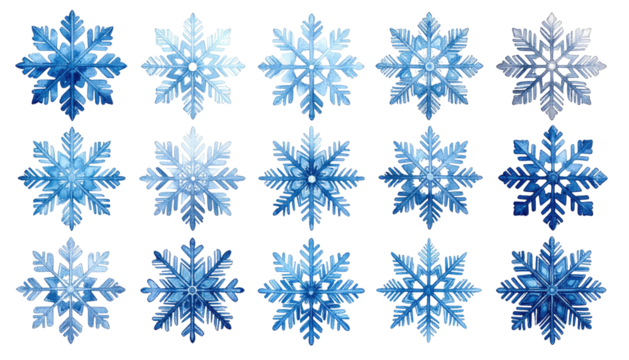 Assorted blue snowflakes isolated against a stark black backdrop