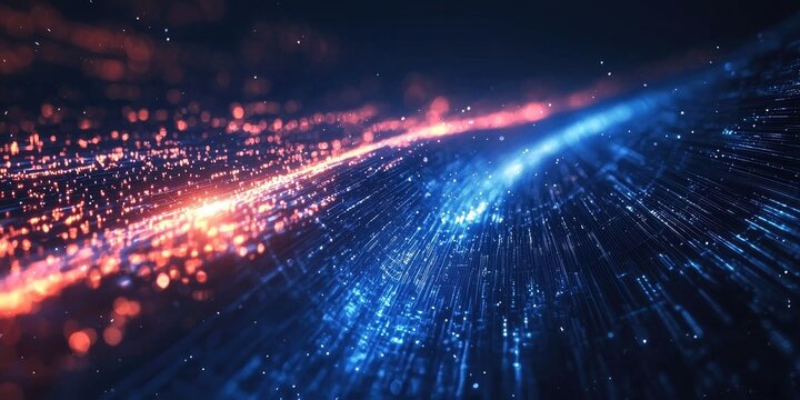 A vibrant, abstract digital artwork featuring a blue and orange light trail with a dark, starry background, creating a sense of motion and energy.