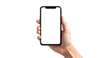 Hand holding a black smartphone with a bright white screen
