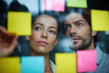 Group of young professionals collaborating during brainstorming session, using colorful sticky notes on glass wall in modern office.