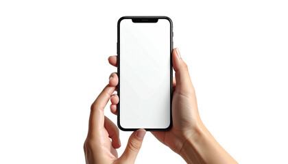 Hands holding phone with blank screen against a black background