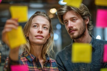 Group of young professionals collaborating during brainstorming session, using colorful sticky notes on glass wall in modern office.