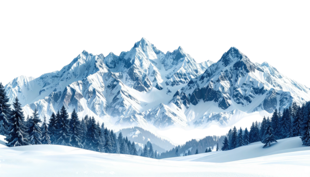 Snowy mountains rise above a pine forest on a sunny day