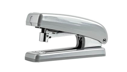 Shiny, gray metal stapler sits against a dark background