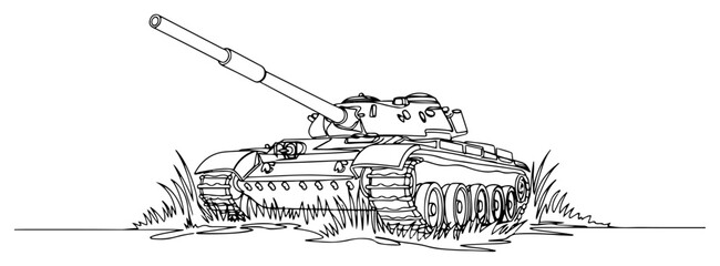 Naklejka premium One continuous line drawing of a military tank. Armored fighting vehicle on the battlefield. War and army forces concept modern minimalist vector illustration.