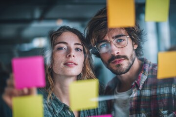 Group of young professionals collaborating during brainstorming session, using colorful sticky notes on glass wall in modern office.