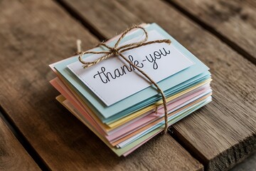 Colorful thank you notes tied with twine on rustic wood table offer heartfelt gratitude and appreciation perfect for small business or personal use