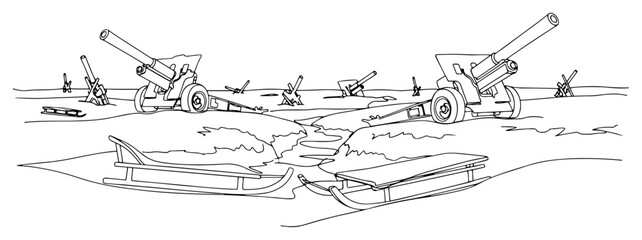 World War 2 battlefield scene with artillery cannons and anti tank obstacles single line drawing Military history winter conflict vector