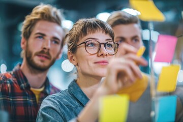Group of young professionals collaborating during brainstorming session, using colorful sticky notes on glass wall in modern office.