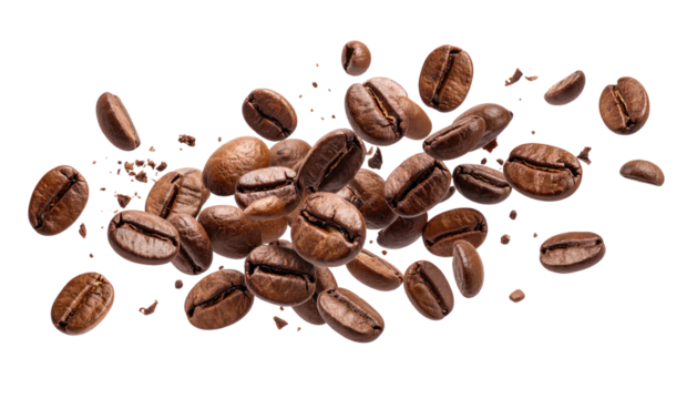 Roasted coffee beans are floating on a plain black background