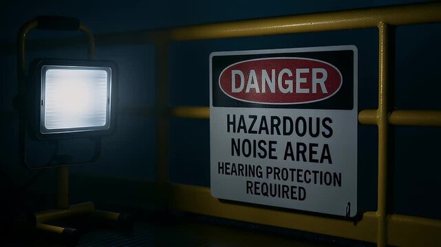 Danger hazardous noise area sign hearing protection required sign yellow railing near portable work light dim industrial environment urgent safety warning atmosphere combined with metal railing