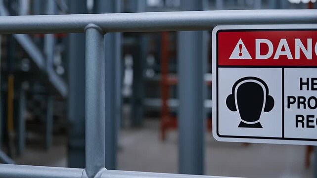 Danger warning sign requiring hearing protection industrial facility with metal railing blurred machinery background conveying safety and urgent caution for workers about loud noise and compliance