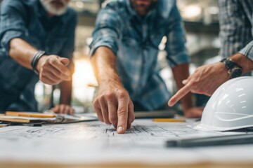 Fototapeta premium Close-up of architects' hands sketching and revising detailed floor plan on blueprint paper during project planning in office.