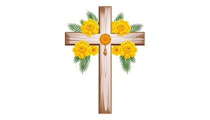 Wooden Cross Adorned with Yellow Flowers - A Symbol of Faith and Beauty.