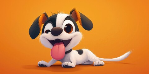 Fototapeta premium A cute, cartoonish puppy with big eyes and a big smile, lying on an orange background with a yellow border.