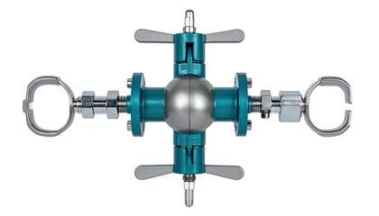 Top view Teal industrial valve with metal clamps