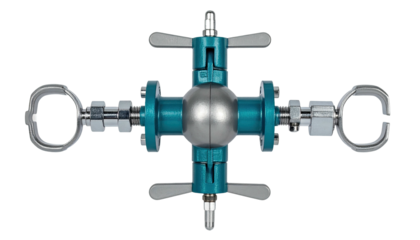 Top view Teal industrial valve with metal clamps