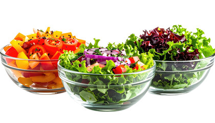 Three glass bowls filled with colorful fresh salad mixes