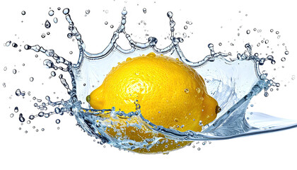 Lemon drops into clear water, resulting in a dramatic splash