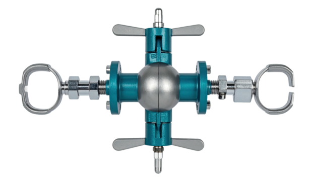 Top view Teal industrial valve with metal clamps