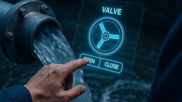 Hand touching holographic valve control panel with open and close buttons over flowing industrial pipe water and overlay near pipe pouring water, industrial operator interface holographic control