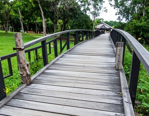 Wooden Bridge Path Through Lush Green Park Landscape.
