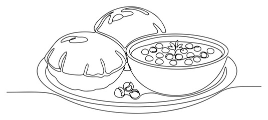 One continuous line drawing of Rasgulla. hole Bhature Traditional Indian sweet dessert food Gulab Jamun. Minimalist vector illustration for restaurant or festival.