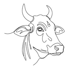 Continuous one line drawing of a sacred Indian cow head. Zebu cattle portrait for farm or spiritual concept minimalist vector illustration.