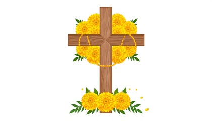 Wooden Cross with Yellow Flowers - A Symbol of Faith and Hope.