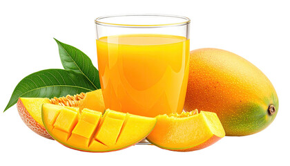 Mango juice in glass, with mangoes and sliced wedges arranged