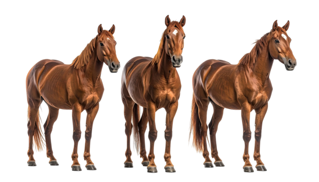 Three chestnut horses standing side-by-side, isolated
