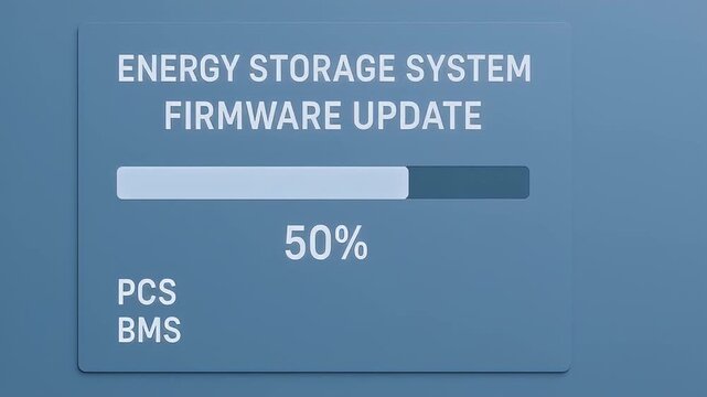 Energy storage system firmware update progress bar fifty percent showing industrial control interface blue panel technical status calm tone control module battery management update minimal design