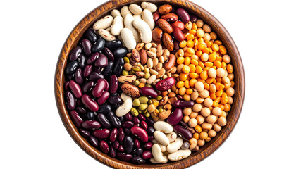 Wooden bowl filled with various types of colorful dried beans