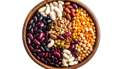 Wooden bowl filled with various types of colorful dried beans