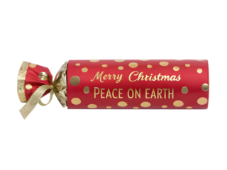 Red christmas cracker with gold polka dots and text merry christmas peace on earth, isolated on transparent background