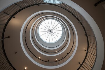 Dramatic spiral staircase ascends to a skylight, creating a modern, architectural masterpiece. Ideal for design, construction, and aspirational themes