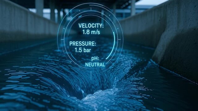 Velocity 1.8 m/s pressure 1.5 bar pH neutral water channel flow measurement with holographic digital heads up display overlay showing flow velocity pressure and sensor data urban concrete channel