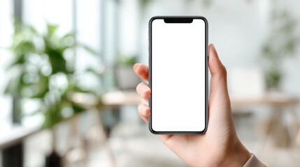 Close-up of female hand holding a modern smartphone with empty white screen, ready for app design or mockup display.