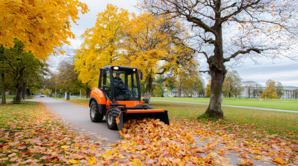 Orange tractor with front loader is clearing fallen leaves from a park pathway surrounded by vibrant autumn trees, showcasing seasonal maintenance and outdoor work