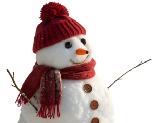 A cheerful snowman wearing a red knitted hat and scarf, isolated on transparent background