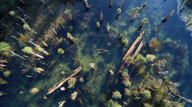 Aerial View of a Canoe Exploring a Submerged Forest Landscape