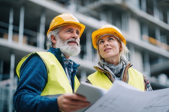 Male and female construction professionals in safety helmets and vests reviewing blueprints and tablet while surveying urban building site.